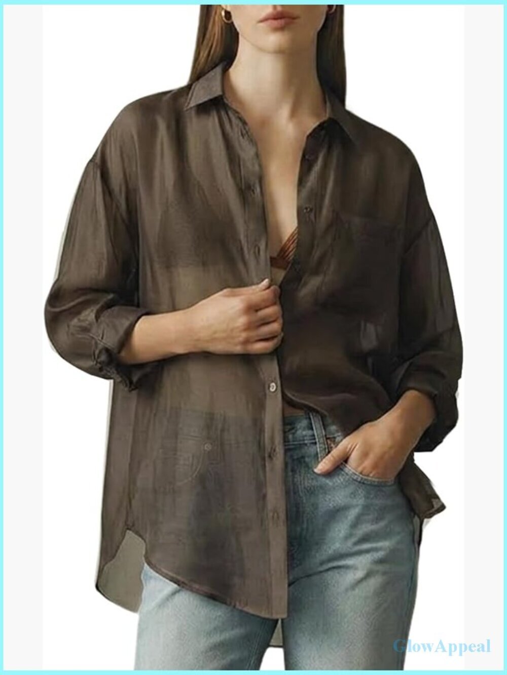 Sheer Button Up Blouse Long Sleeve Mesh See Through Tops Oversized Fit